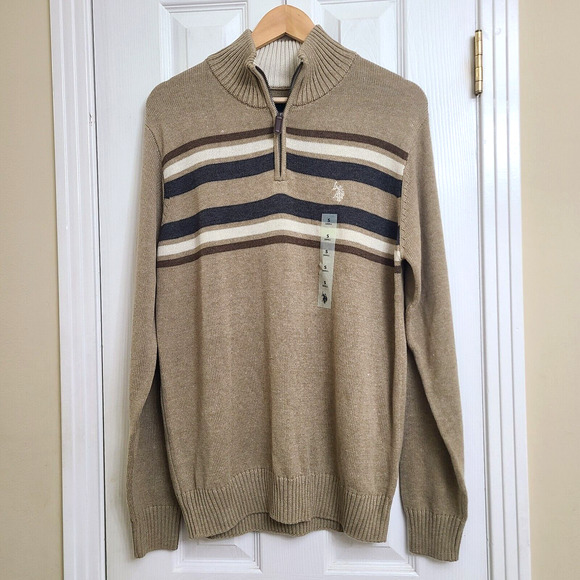 NWT US Polo Assn 1/4 Zip Sweater Camel Heathered Tan Stripe Academia Prep Size S